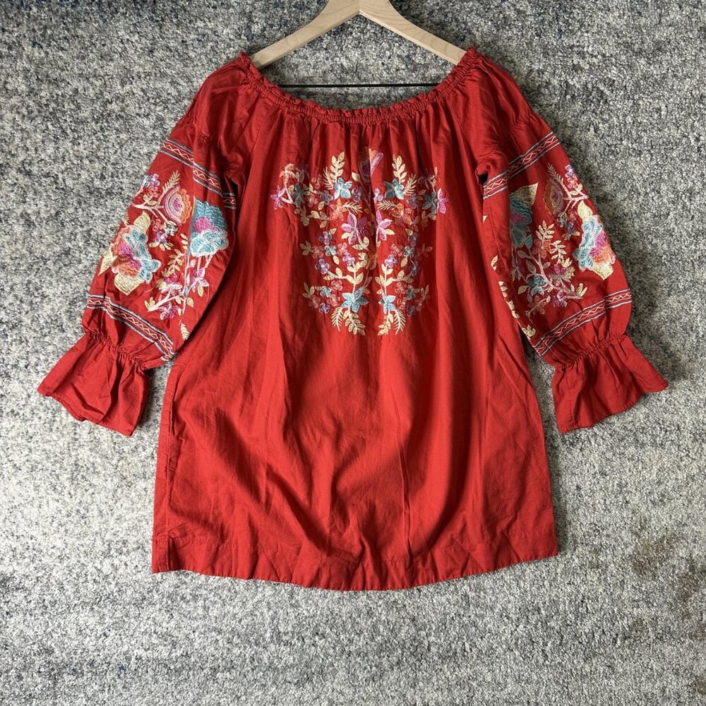 Free People Blouse Womens Medium Red Floral Embroidered Peasant Boho‎ Tunic Top